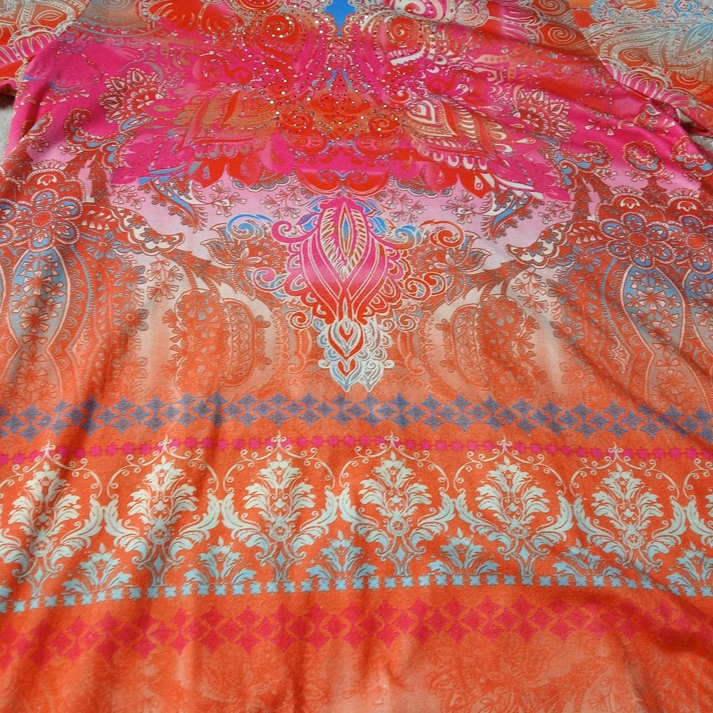 One World Womens Lg Abstract Embellished Coral Org Roses Asym Sweater Tunic Top - Picture 3 of 14